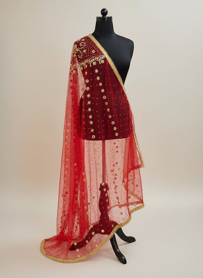 House Of Indian Wedding Attire red net bridal dupatta with gold sequins and mirror work, gold lace trim.