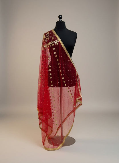 House Of Indian Wedding Attire red net bridal dupatta with gold sequins, mirror work, and lace trim.