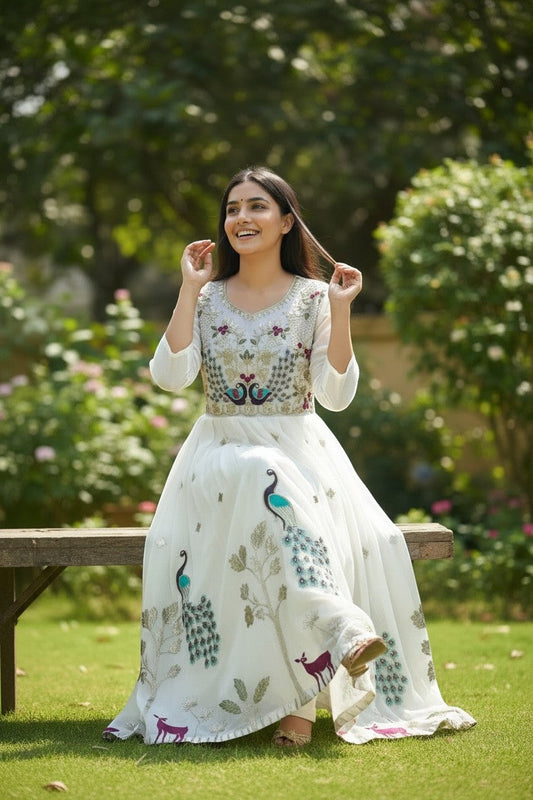 House Of Indian Wedding Attire white chiffon long kurti with embroidered peacock and deer motifs. Elegant Indian ethnic wear.