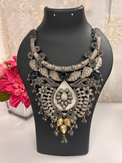 Oxidized silver necklace / statement piece - Kurti Connection USA