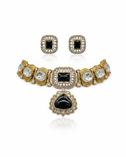 Kurti Connection USA Sabyasachi inspired antique gold choker set with black stones and clear crystal accents