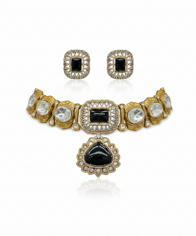 Kurti Connection USA Sabyasachi inspired antique gold choker set with black stones and clear crystal accents