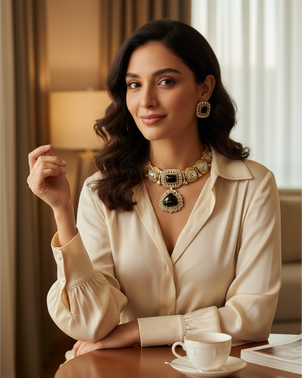 Kurti Connection USA antique gold choker set with black stones worn by a woman in a cream blouse