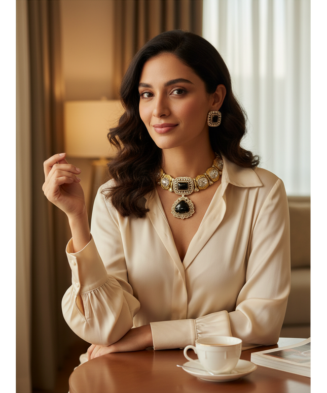 Kurti Connection USA antique gold choker set with black stones worn by a woman in a cream blouse
