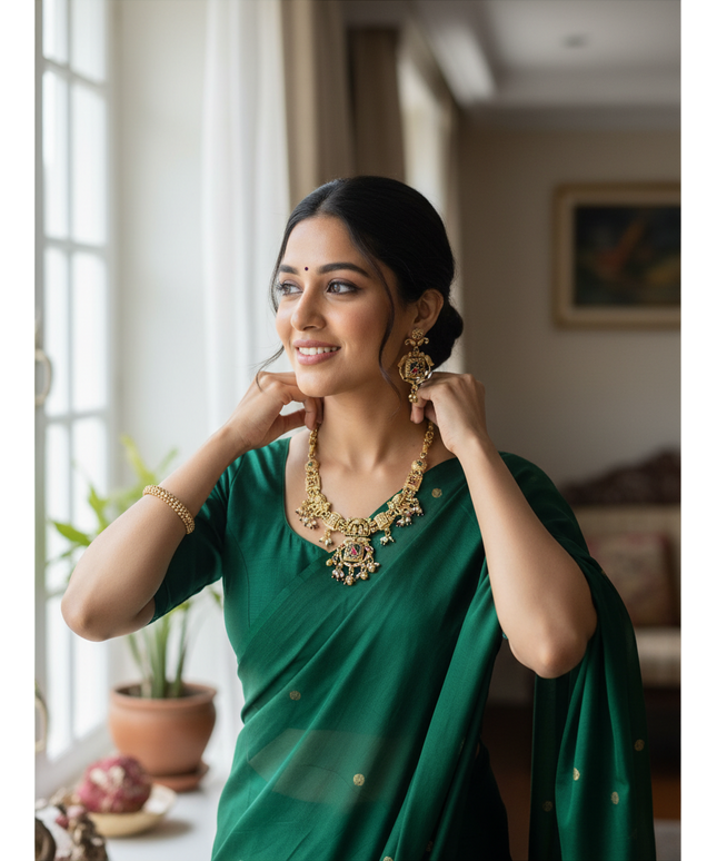 Kurti Connection USA antique finish gold necklace set with intricate detailing worn by a woman in a green saree