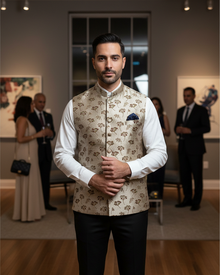 Kurti Connection USA beige silk floral print Nehru vest worn by a man over a white shirt at a formal event