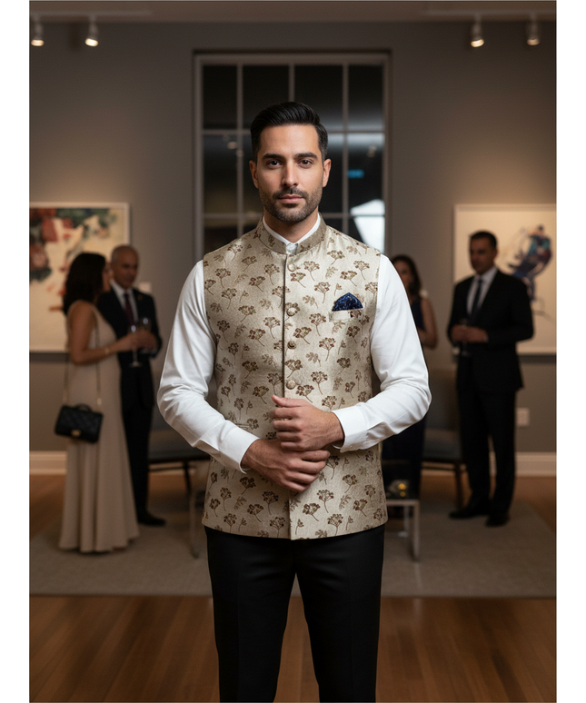 Kurti Connection USA beige silk floral print Nehru vest worn by a man over a white shirt at a formal event