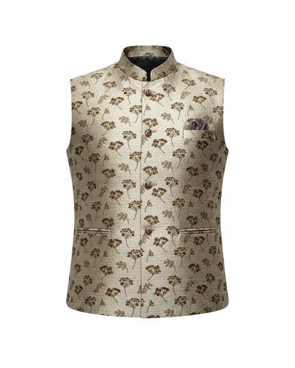 Kurti Connection USA beige silk vest featuring a traditional floral print, mandarin collar, and button-up front.