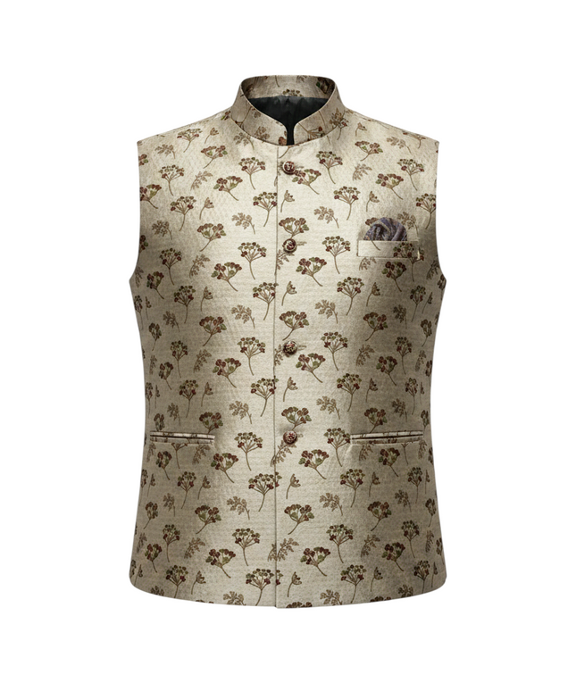 Kurti Connection USA beige silk vest featuring a traditional floral print, mandarin collar, and button-up front.