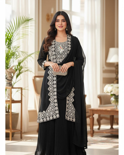 Kurti Connection USA black party gown with white floral embroidery, net jacket, and pre-stitched dupatta