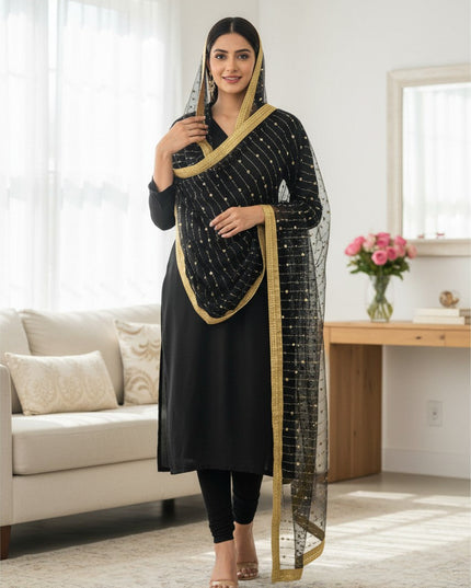 Kurti Connection USA black net dupatta with gold foil mirror work and border draped over a woman in a black kurta