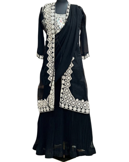 Kurti Connection USA black party wear gown with pre-stitched dupatta and embroidered net jacket on a mannequin