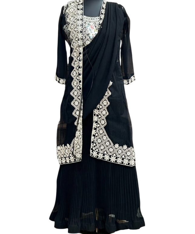 Kurti Connection USA black party wear gown with pre-stitched dupatta and embroidered net jacket on a mannequin