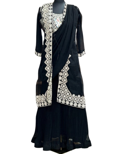 Kurti Connection USA black party wear long gown featuring a pre-stitched dupatta and lightweight embroidered net jacket