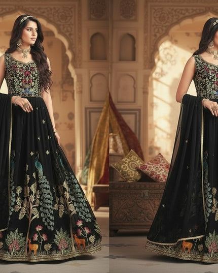 Kurti Connection USA black Indo western Anarkali dress with intricate peacock and floral embroidery for formal events