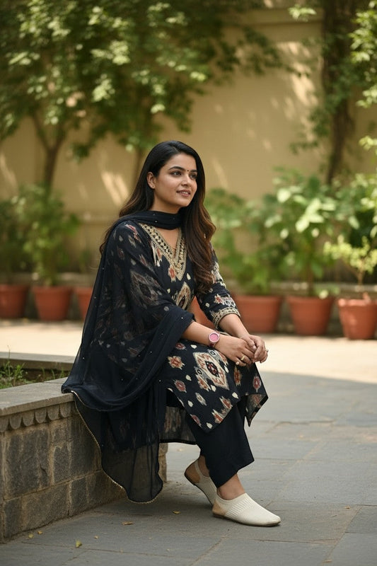 Kurti Connection USA black printed kurta set with pants and dupatta, featuring intricate neckline detailing and gold border.