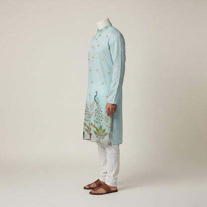 Kurti Connection USA light blue silk kurta set with intricate peacock embroidery and white pajama.