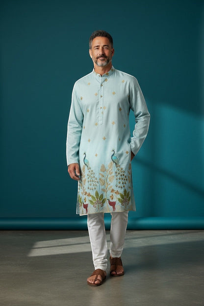 Kurti Connection USA light blue silk kurta with intricate peacock and deer embroidery, paired with white pajama and brown sandals.