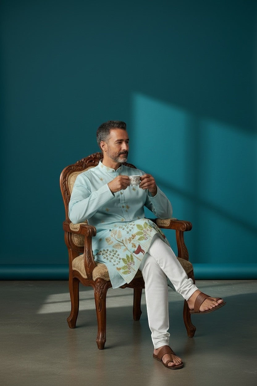 Kurti Connection USA light blue silk kurta with intricate embroidery and white pajama, worn by a man sitting in a chair.