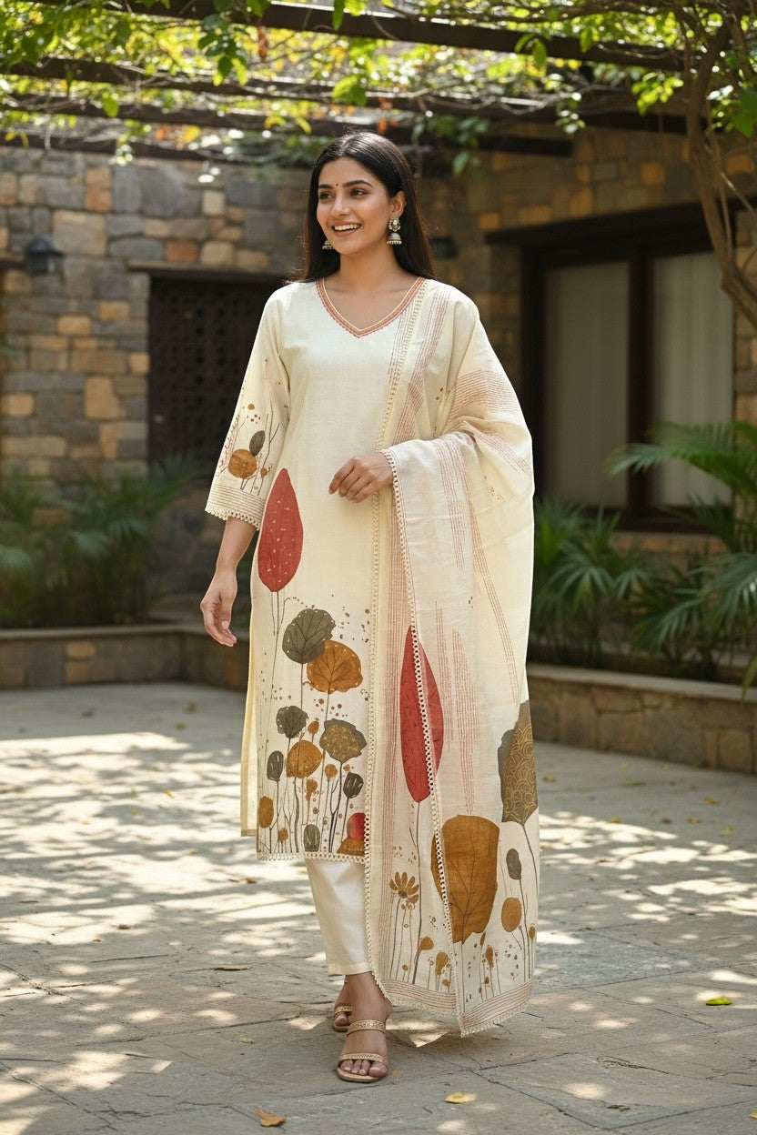 Kurti Connection USA cream botanical print kurta set with dupatta and trousers, featuring V-neck and lace trim.