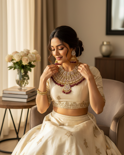 Kurti Connection USA bridal necklace set with ruby red stones and gold accents worn by a woman in a cream lehenga