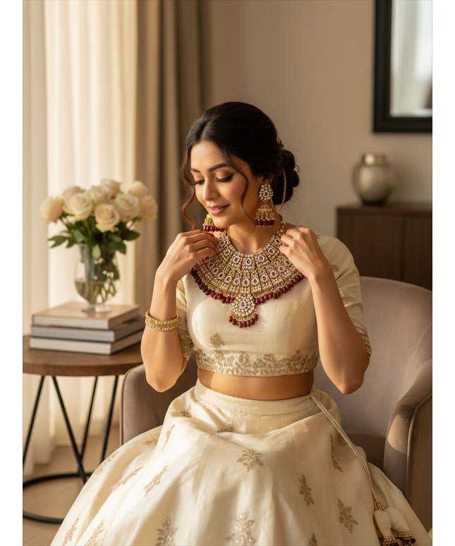 Kurti Connection USA bridal necklace set with ruby red stones and gold accents worn by a woman in a cream lehenga