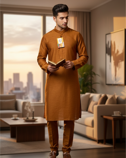 Kurti Connection USA brown kurta pajama set worn by a man holding a book in a modern living room setting