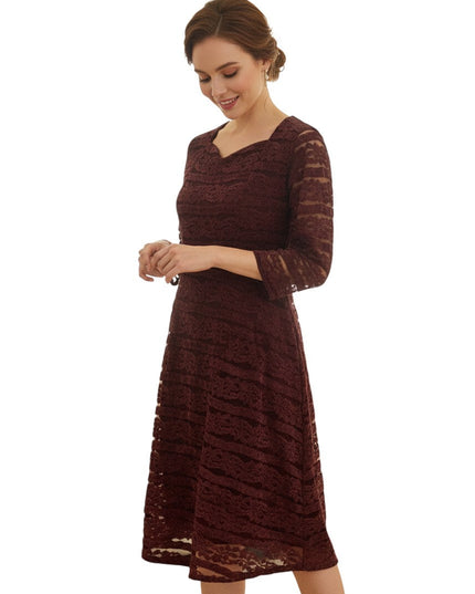 Kurti Connection USA burgundy velvet midi dress with lace overlay and three-quarter sleeves on a smiling model
