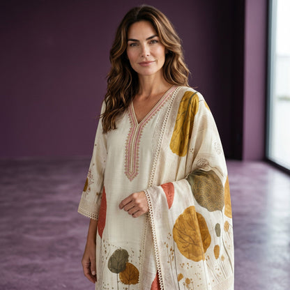 Kurti Connection USA cream botanical print kurta set with dupatta and trousers, featuring V-neck and lace trim.