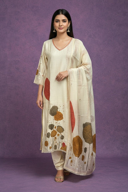 Kurti Connection USA cream botanical print kurta set with rust, brown, ochre tones, V-neck, lace trim, and dupatta.
