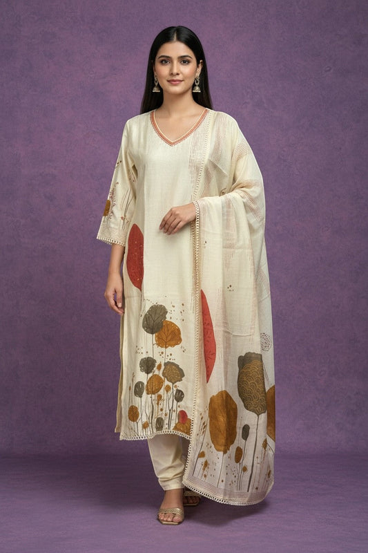 Kurti Connection USA cream botanical print kurta set with rust, brown, ochre tones, V-neck, lace trim, and dupatta.