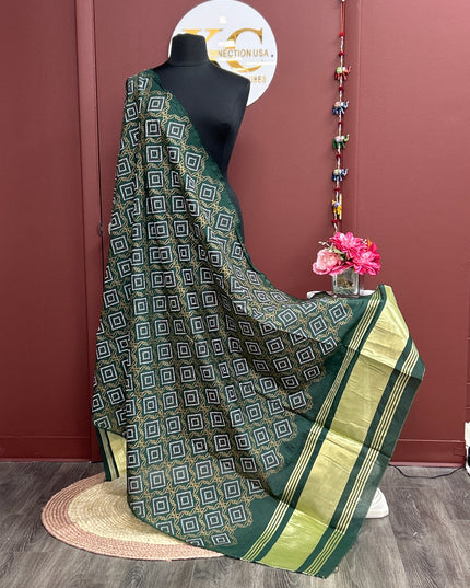 Kurti Connection USA dark green dupatta with geometric square patterns and gold border on a mannequin