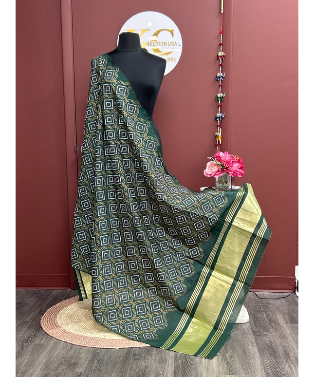 Kurti Connection USA dark green dupatta with geometric square patterns and gold border on a mannequin