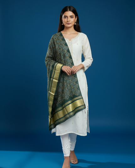 Kurti Connection USA dark green dupatta with geometric print and gold border draped over a white ethnic outfit