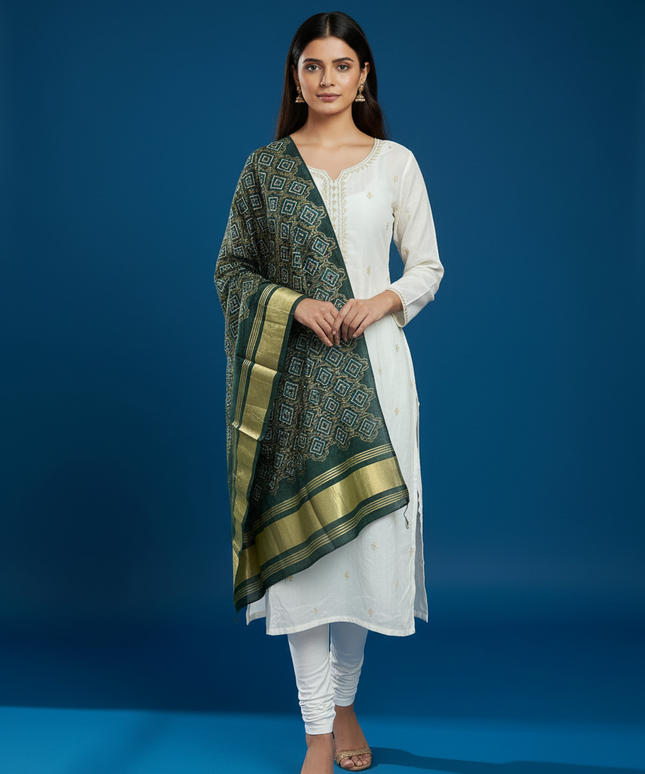 Kurti Connection USA dark green dupatta with geometric print and gold border draped over a white ethnic outfit