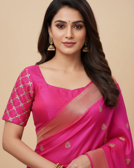 Kurti Connection USA dark pink blouse with short sleeves featuring gold embroidered lattice patterns and a square neck