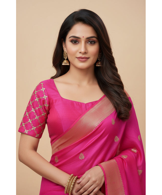 Kurti Connection USA dark pink blouse with short sleeves featuring gold embroidered lattice patterns and a square neck