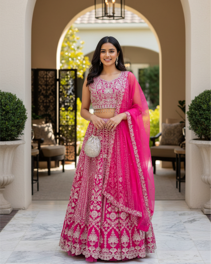 Kurti Connection USA dark pink lehenga choli set with intricate silver embroidery and a matching sheer dupatta
