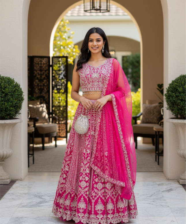 Kurti Connection USA dark pink lehenga choli set with intricate silver embroidery and a matching sheer dupatta