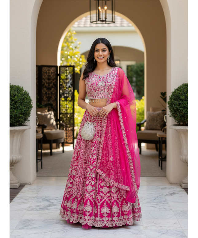 Kurti Connection USA dark pink lehenga choli set with intricate silver embroidery and a matching sheer dupatta