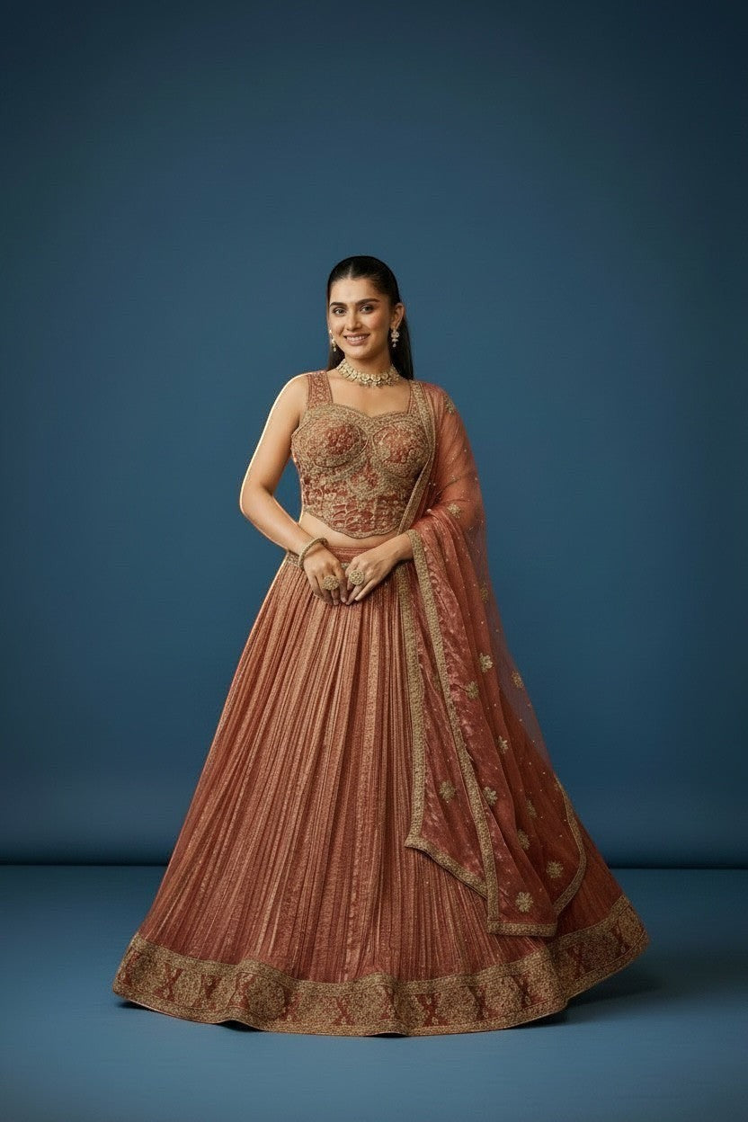 Kurti Connection USA embroidered lehenga set in warm rust with gold detailing. Features a fitted, embellished blouse and pleated skirt with ornate border.