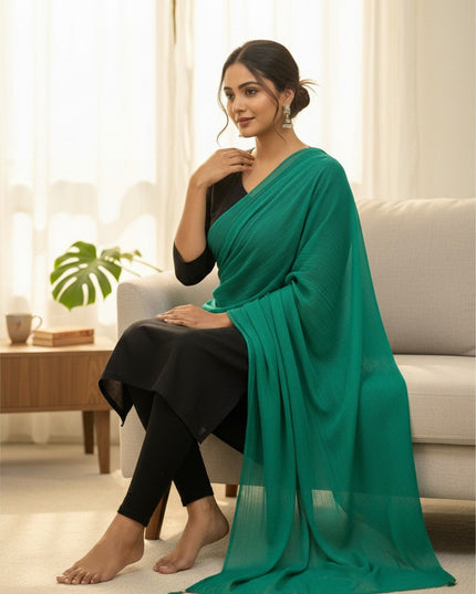 Kurti Connection USA emerald green chiffon dupatta draped elegantly over a woman wearing a black ethnic outfit