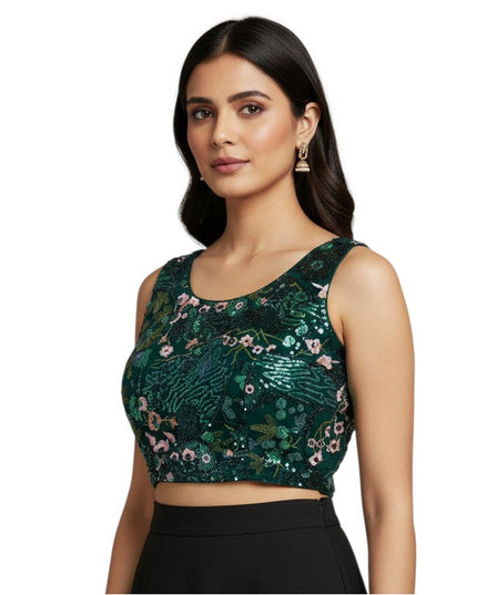 Kurti Connection USA sleeveless emerald green crop top with floral embroidery and shimmering sequins