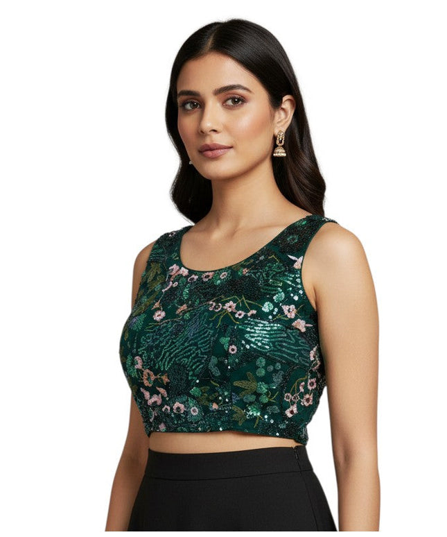 Kurti Connection USA sleeveless emerald green crop top with floral embroidery and shimmering sequins