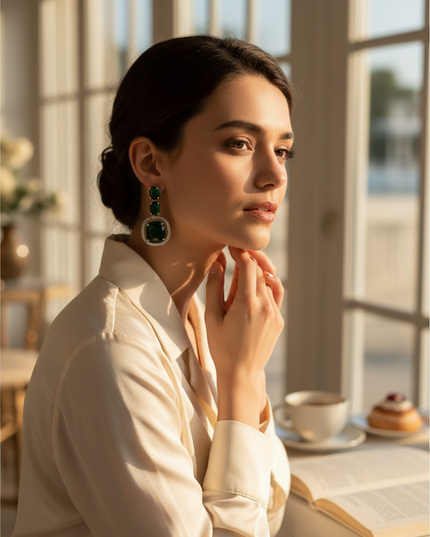 A woman wearing a Kurti Connection USA ethnic tunic top with elegant green statement earrings in a sunlit room.