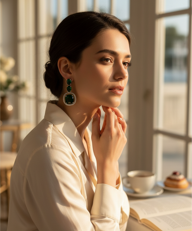 A woman wearing a Kurti Connection USA ethnic tunic top with elegant green statement earrings in a sunlit room.