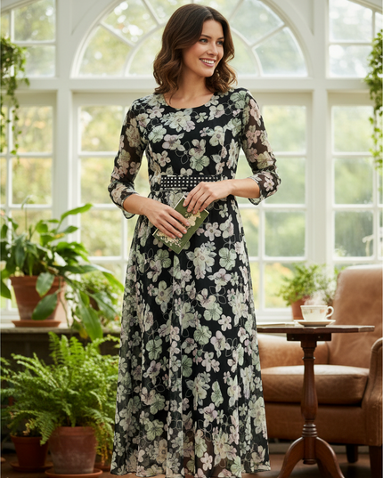 Kurti Connection USA long chiffon summer dress in black with a floral print and three-quarter sleeves