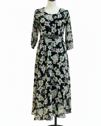 Kurti Connection USA long chiffon summer kurti in black with a floral print and a decorative studded waist belt