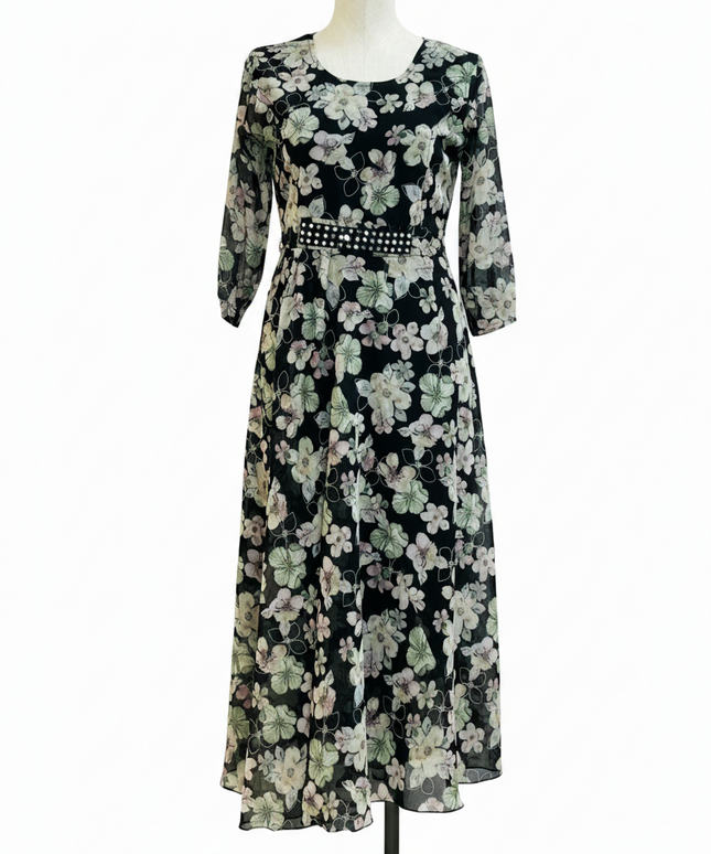 Kurti Connection USA long chiffon summer kurti in black with a floral print and a decorative studded waist belt