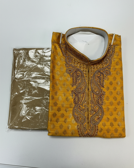 Kurti Connection USA gold silk kurta pajama set with intricate embroidery and traditional pattern